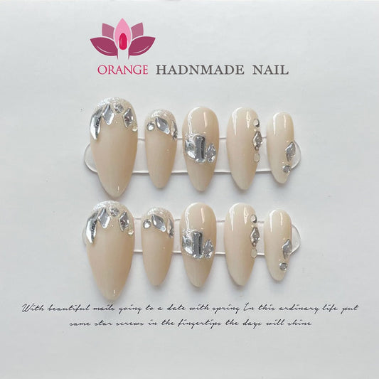 Fake Nails With Rhinestones Almond Full Cover With Designed Handmade Wearable Press on Nails With 3d Diamond Y2k