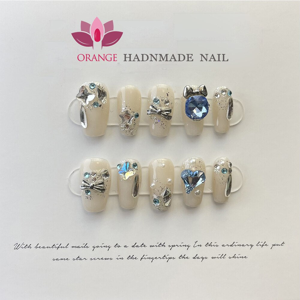 Fake Nails With Rhinestones Almond Full Cover With Designed Handmade Wearable Press on Nails With 3d Diamond Y2k