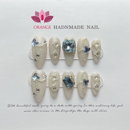 Fake Nails With Rhinestones Almond Full Cover With Designed Handmade Wearable Press on Nails With 3d Diamond Y2k