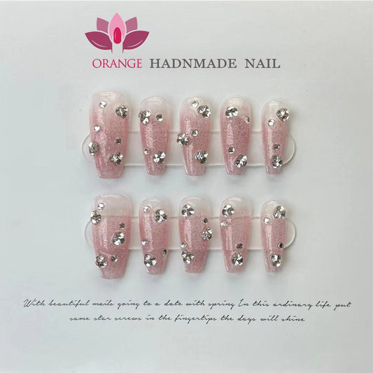 Handmade Blue Press On Nails Design Charms Luxury Full Cover Medium Coffin Manicuree Wearable Fake Nails XS S M L Size Nail Art