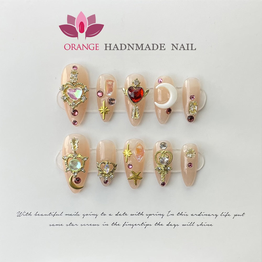 Handmade Press on Nails Glitter Rhinestone3d Charms False Nails With Designed Fingernail Fake Nail With Glue Acrylic Nail Tips