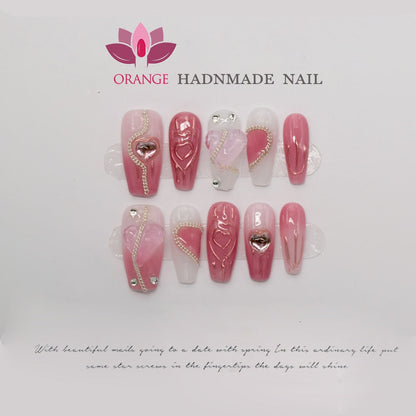 Pink Handmade Nails Press on Full Cover Professional Nails Manicuree Heart False Nails Japanese Wearable Artificial With Designs