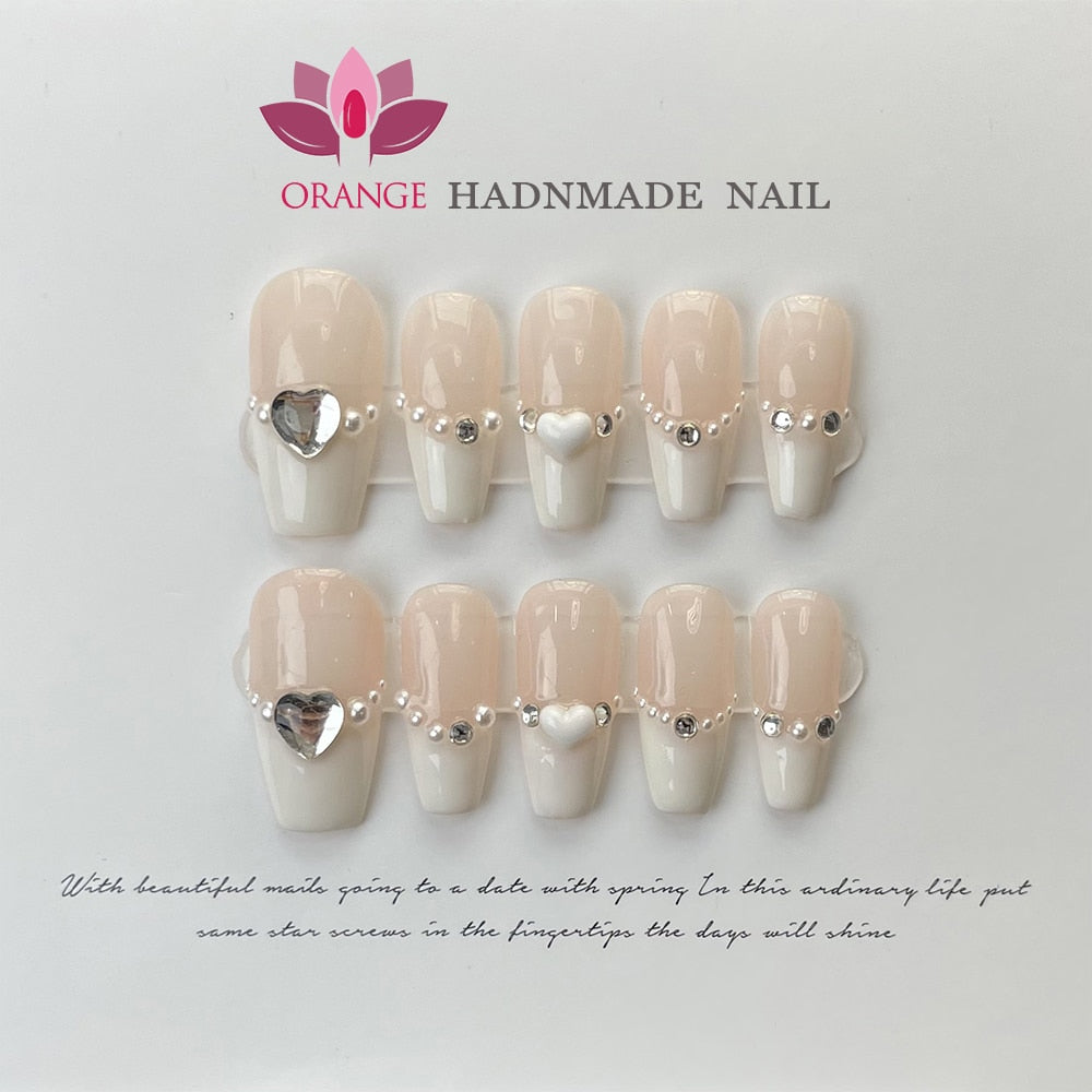 Pink Handmade Nails Press on Full Cover Professional Nails Manicuree Heart False Nails Japanese Wearable Artificial With Designs
