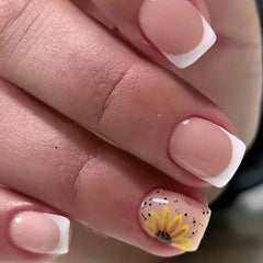 24Pcs Square Head Nails Set Press on Short False Nails with Purple Flowers Design Wearable Artificial Full Cover Fake Nail Tips