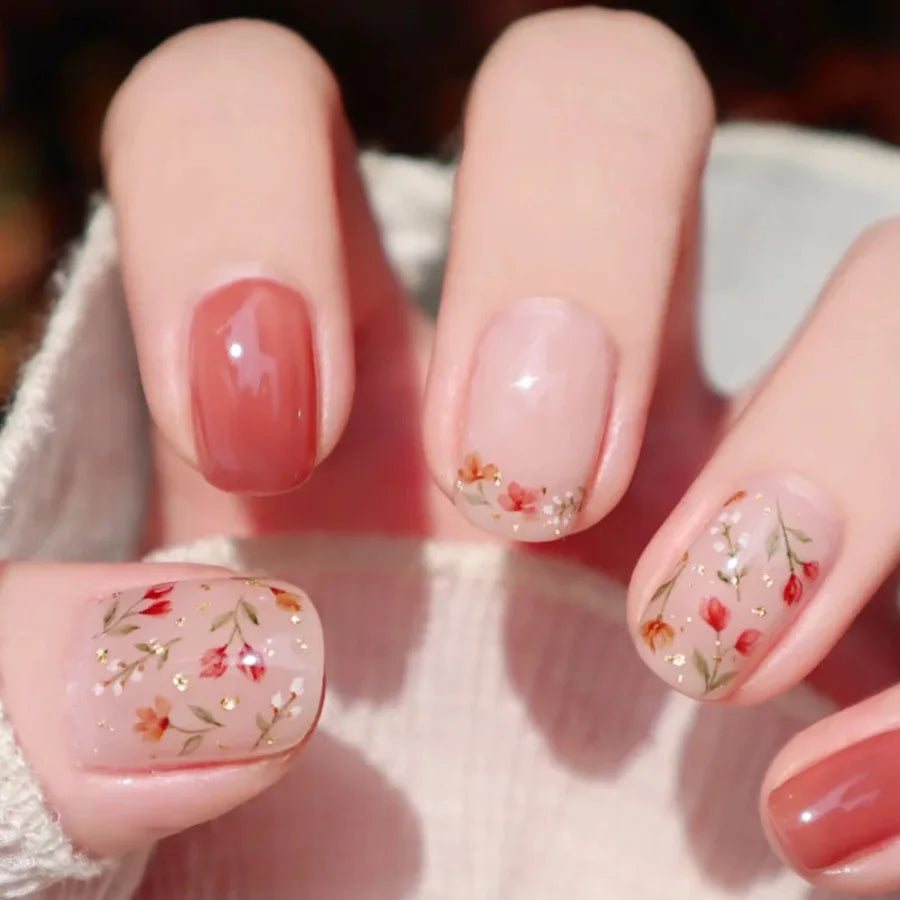 24pcs/set Short Medium long fake nails for women girls Spring summer flowers butterfly flamingo blue pink press on false nails