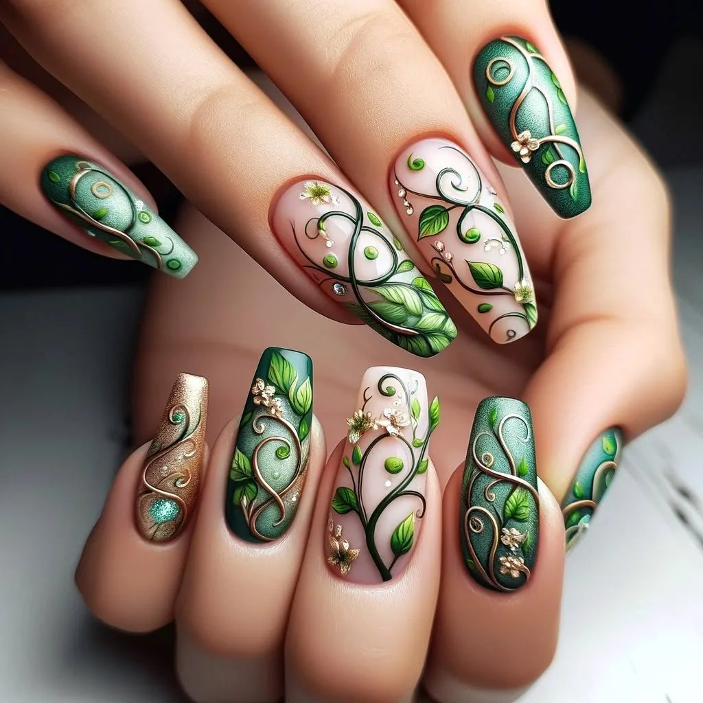 24pcs/set Medium long fake nails Gradient blue ocean fish sun flowers butterfly square ballet summer tips press on false nail