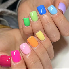 24Pcs Glossy Short Square Head Press on False Nails with Glue Acrylic Colorful Fake Nail Reusable Full Cover Manicure Nail Tips