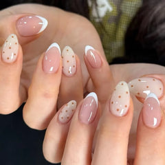 24Pcs Black White French Nails Set Press on Simple Polka Dot Full Cover Fake Nails Tips Mid-length Almond Detachable False Nails
