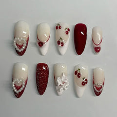 24Pcs Green Oval False Nails with Strawberry Design Wearable Mid-length Almond Press on Fake Nails Rabbit Pattern Nail Art Tip