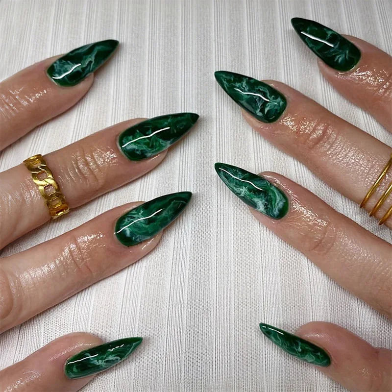 24Pcs Mid-length Almond Full Cover Nail Tip Blue Gradient Design Fake Nails Golden Line Rhinestone Reusable Press on False Nails
