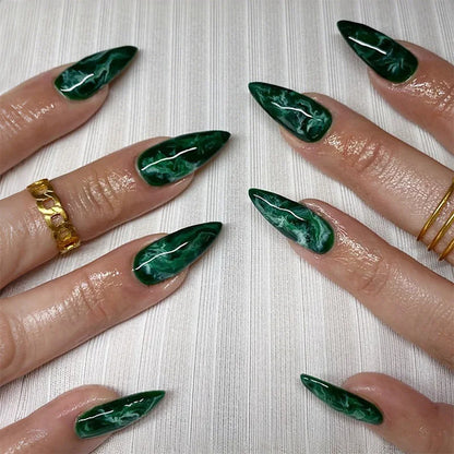 24Pcs Mid-length Almond Full Cover Nail Tip Blue Gradient Design Fake Nails Golden Line Rhinestone Reusable Press on False Nails
