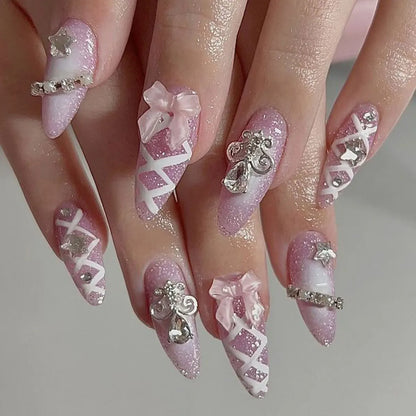 24Pcs Long Almond False Nails Press on Pink French Stripe Design Fake Nails 3D Bow Pearl Reusable Finished Full Cover Nails Tips