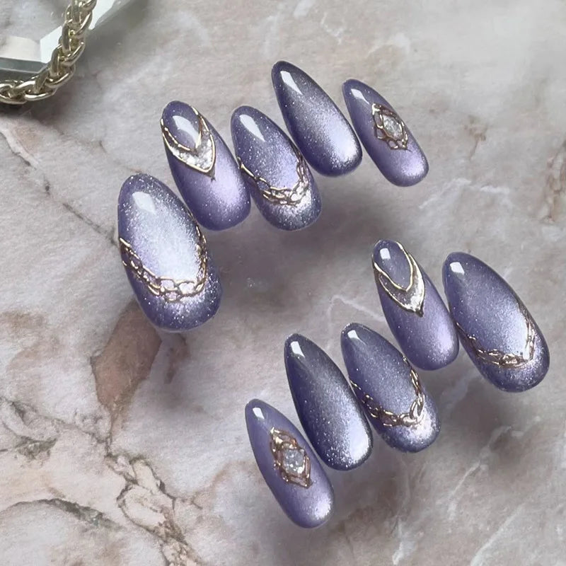 24Pcs Glitter Blue French False Nails Press on Short Round Head Fake Nail with Moon Star Design Artifical Almond Manicure Tips