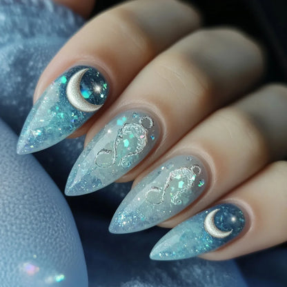24Pcs Mid-length Almond Fake Nail with Blue Stripe Smudge Design Press on Nails for Woman Datachable Full Cover False Nails Tips