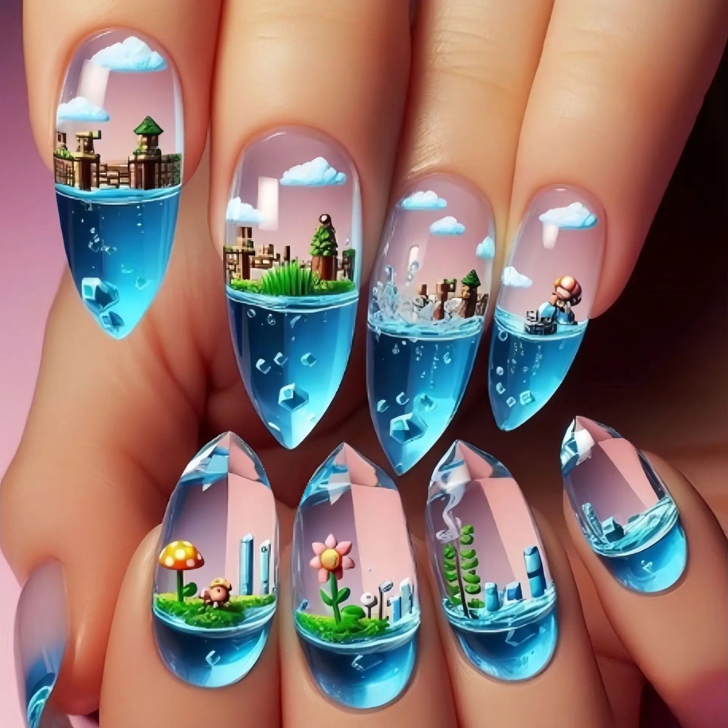24pcs/set Medium long fake nails Gradient blue ocean fish sun flowers butterfly square ballet summer tips press on false nail