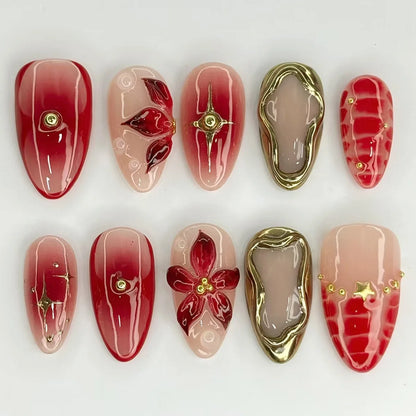 24Pcs White French Full Cover Fake Nail Tips with Pearl Reusable Short Almond False Nails Colorful Flowers Design Press on Nails