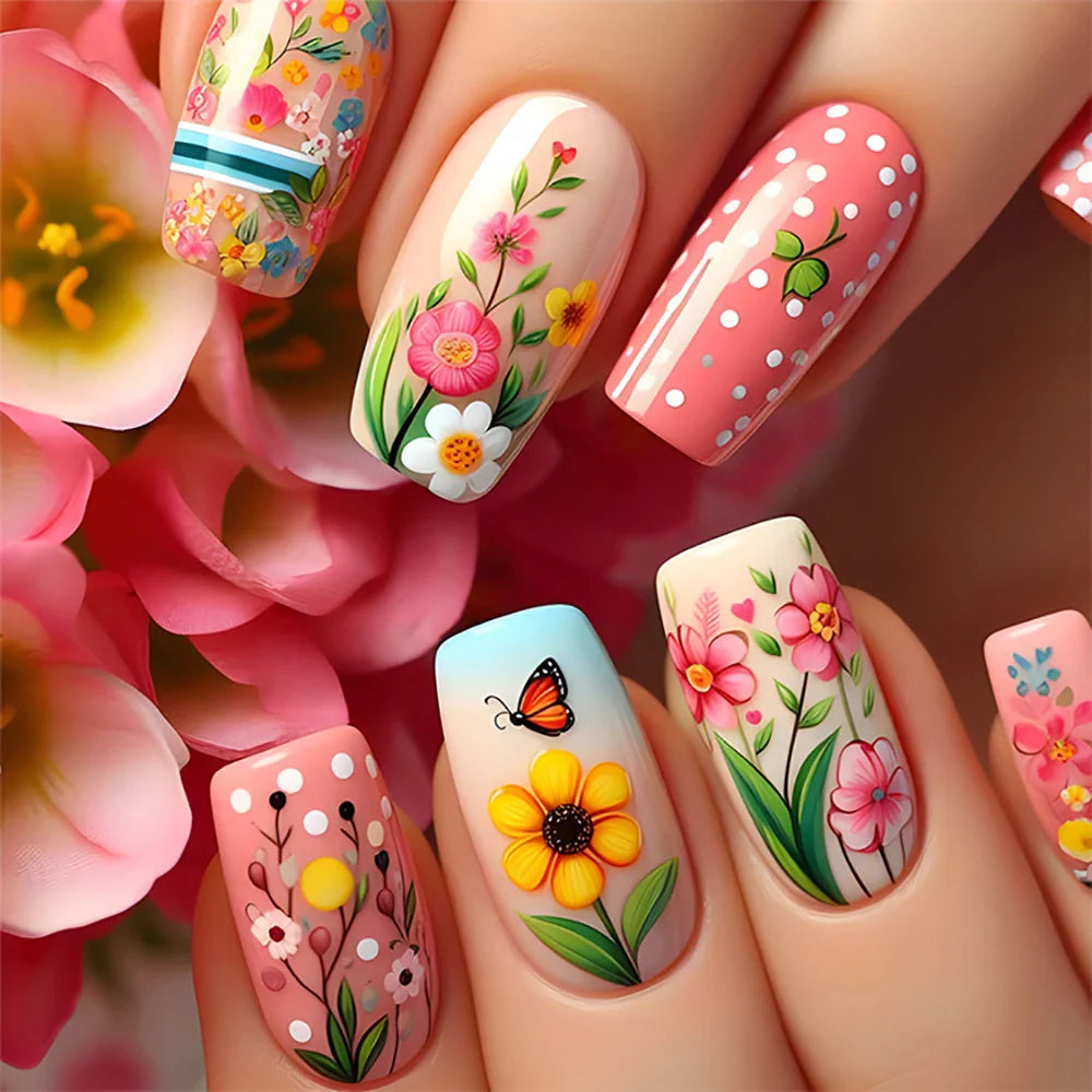 24pcs/set Short Medium long fake nails for women girls Spring summer flowers butterfly flamingo blue pink press on false nails