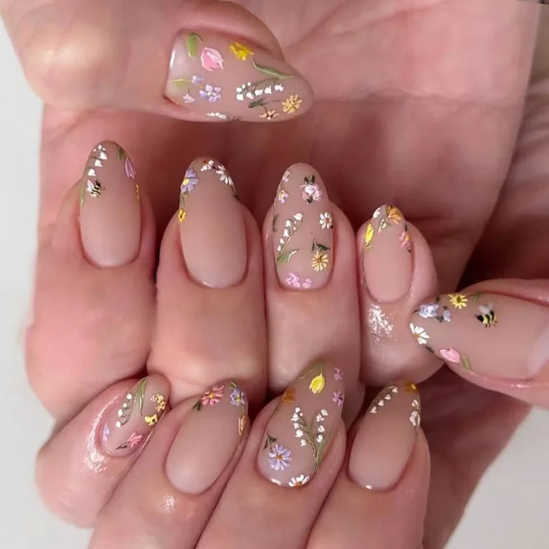 24Pcs Yellow French Fake Nails Mid-length Almond Detachable Press on False Nails Ladybug Strawberry Flower Full Cover Nails Tips
