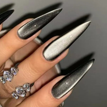 24Pcs Long Stiletto False Nails Simple Black Cat's Eye Design Press on Fake Nails Art Detachable Finished Full Cover Nails Tips