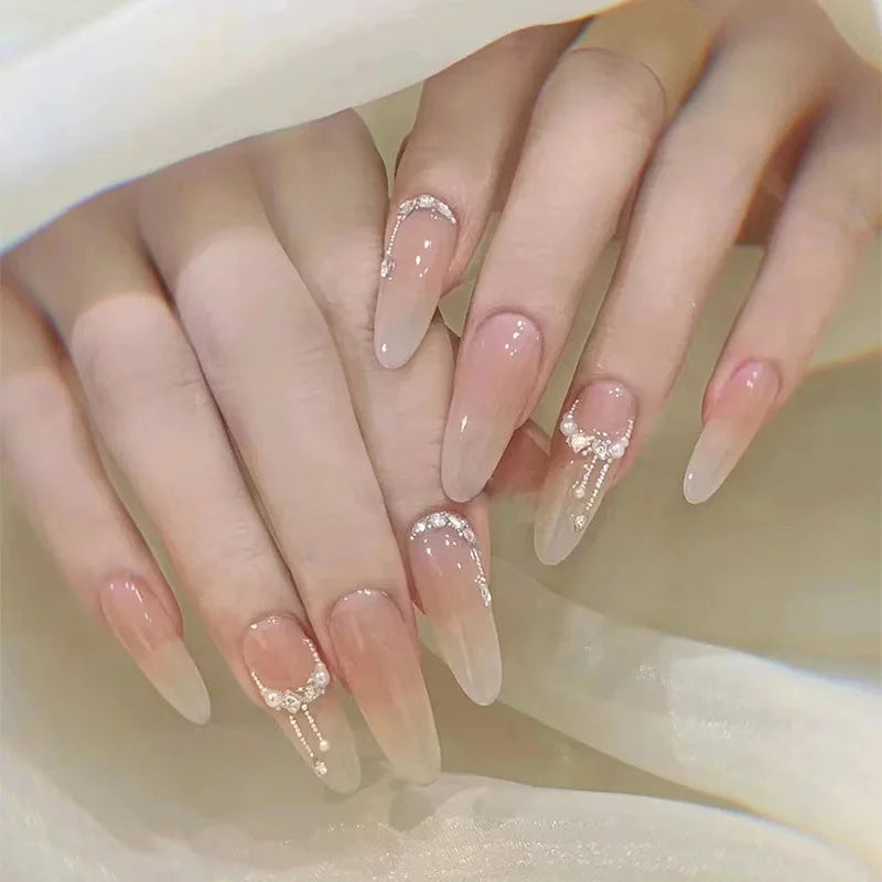 24Pcs Long French Almond Nails Set Press on Simple White Edge Design Fake Nails for Woman Detachable Full Cover False Nails Tips