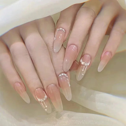 24Pcs Long French Almond Nails Set Press on Simple White Edge Design Fake Nails for Woman Detachable Full Cover False Nails Tips