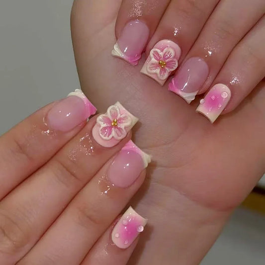 24pcs/set Short Medium fake nails for women girls 3D cute pink bow flowers leopard french square almond tips press on false nail