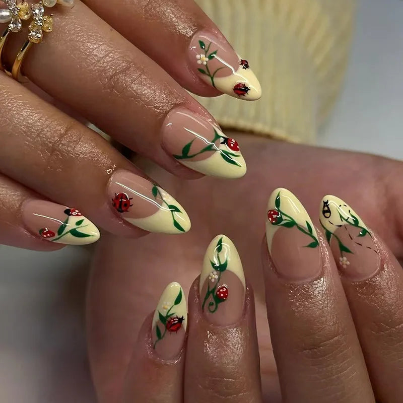 24Pcs Yellow French Fake Nails Mid-length Almond Detachable Press on False Nails Ladybug Strawberry Flower Full Cover Nails Tips