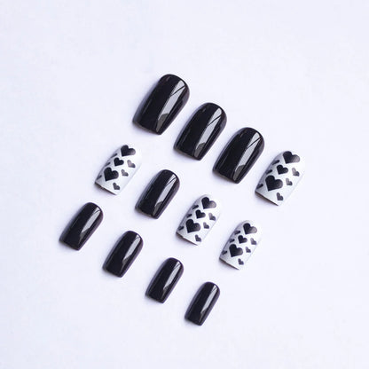 Black Short Square Fake Nails 24Pcs Full Cover Press On Nails Love Heart Printed Cool Girls Valentine's Day Charm Manicure