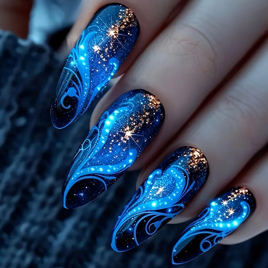 24Pcs Mid-length Almond Fake Nail with Blue Stripe Smudge Design Press on Nails for Woman Datachable Full Cover False Nails Tips