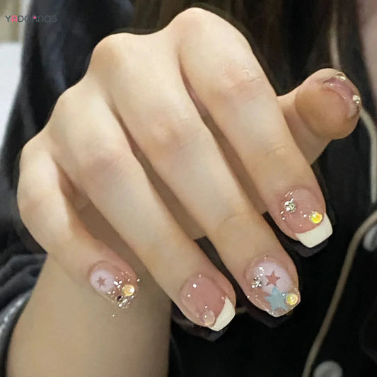 24Pcs Gentle Women White French Fake Nails Nude Color Press On Nail Colorful Star Printed Y2K Girls Charm Manicure Diamond Decor