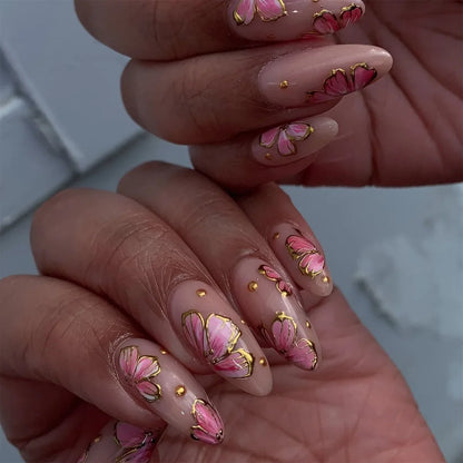 24Pcs Mid-length Almond Press on Fake Nails with 3D Flower French Leopard Print False Nails Pearl Wearable Full Cover Nails Tips