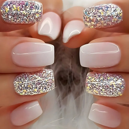 24pcs/set Glitter fake nails for women girls super flash sparkling gradient pink black tips faux ongles press on false nail art