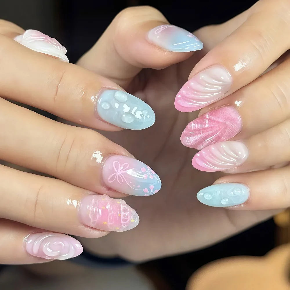 24pcs/set Medium fake nails for women girls 3D embossed flowers butterfly shell designs Summer almond tips press on false nail