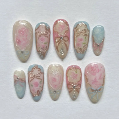 24Pcs Mid-length Almond False Nails Gold Irregular French Fake Nail Love Heart Starburst Rhinestone Reusable Press on Nails Tips