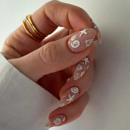 24Pcs Short Almond Nails Set Press on Simple Shell Starfish Design False Nails Detachable Artificial Full Cover Fake Nails Tips