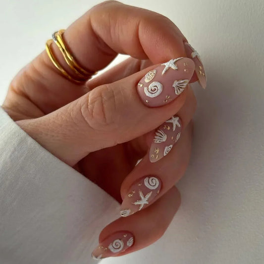 24Pcs Short Almond Nails Set Press on Simple Shell Starfish Design False Nails Detachable Artificial Full Cover Fake Nails Tips