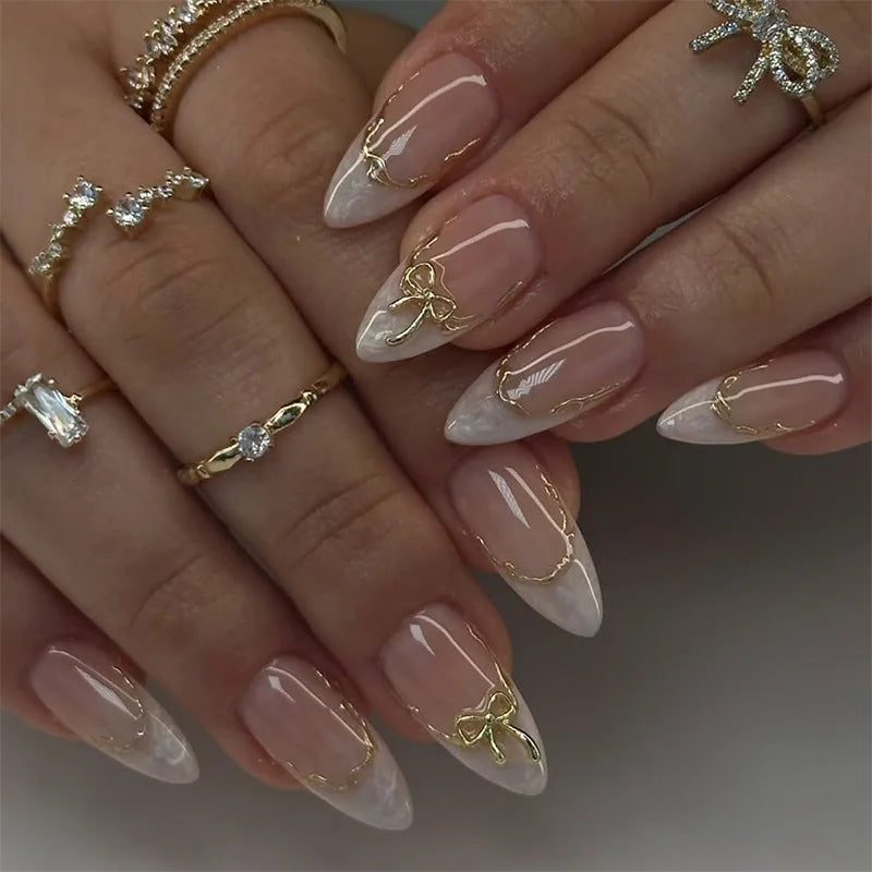 24Pcs 3D Golden French False Nails with Glue Wearable Round Head Press on Fake Nails Tips Almond Reusable Manicure for Women