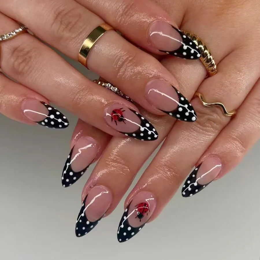 24Pcs Mid-length Stiletto Nails Set Press on French Wine Red Polka Dot False Nails 3D Cherry Reusable Full Cover Fake Nails Tips