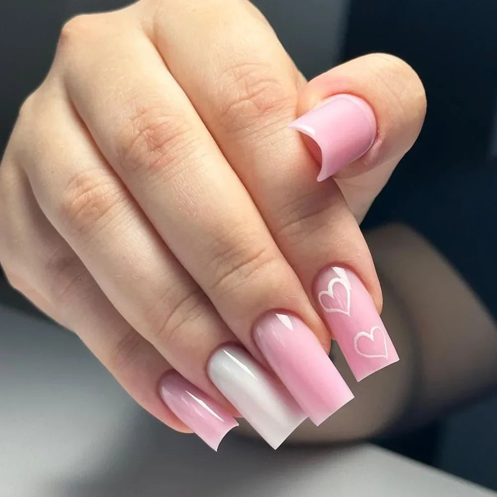 24Pcs Mid-length Square Head Full Cover Nails Tips White French Smudge Flower Design Fake Nail Art Reusable Press on False Nails