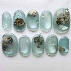 24pcs/set fake nails for women girls 3D embossed flowers cute pink blue leopard print Almond Square tips press on false nail