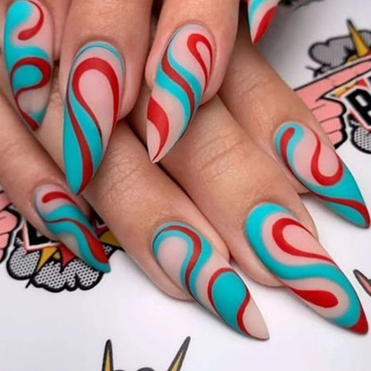 24Pcs Mid-length Almond Fake Nail with Blue Stripe Smudge Design Press on Nails for Woman Datachable Full Cover False Nails Tips