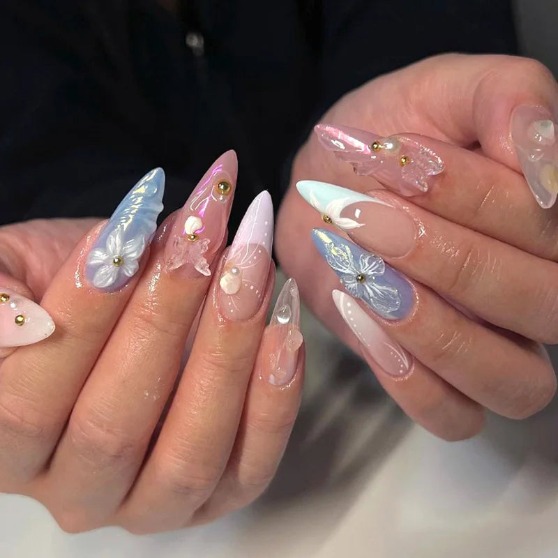 24Pcs Long Stiletto Fake Nails Press on 3D Shell Irregular Metal Design Full Cover Nails Tips Pink Smudge Detachable False Nails