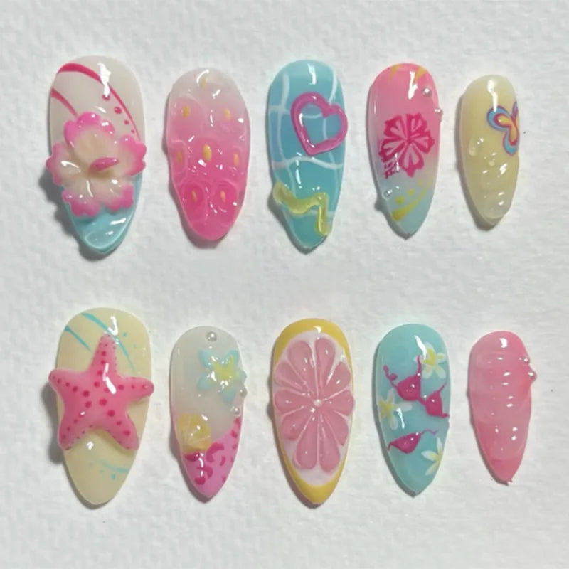 24pcs/set fake nails for women girls 3D embossed flowers cute pink blue leopard print Almond Square tips press on false nail