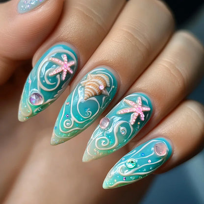 24Pcs Mid-length Almond Fake Nail with Blue Stripe Smudge Design Press on Nails for Woman Datachable Full Cover False Nails Tips