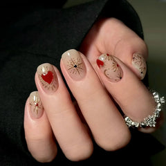 24Pcs Short Square Head Nails Set Press on 3D Gilding Red Heart Design Fake Nail Reusable Artificial Full Cover False Nails Tips