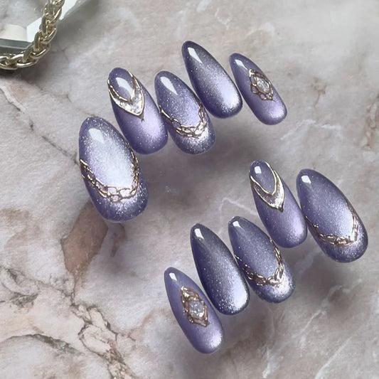 24Pcs Glitter Blue French False Nails Press on Short Round Head Fake Nail with Moon Star Design Artifical Almond Manicure Tips