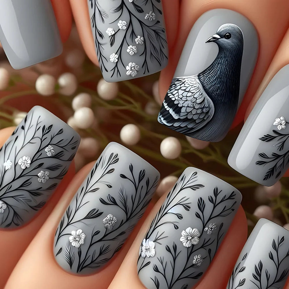 24pcs/set medium long fake nails for Spring summer season beautiful peach flowers butterfly design press on false nail art tips