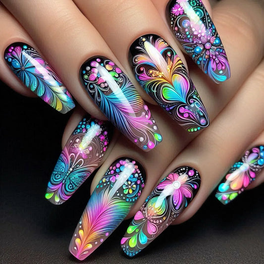 24pcs/set Short Medium long fake nails for women girls Spring summer flowers butterfly flamingo blue pink press on false nails