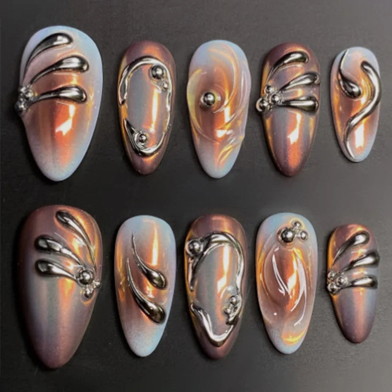 24Pcs Gilded 3D Flower Press on Nails Black French Leopard Print False Nails Mid-length Almond Wearable Full Cover Fake Nail Tip