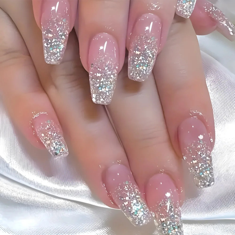 24pcs/set Glitter fake nails for women girls super flash sparkling gradient pink black tips faux ongles press on false nail art
